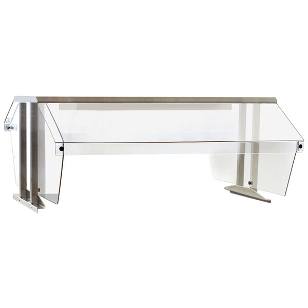 A clear glass table with metal legs for Eagle Group buffet steam tables.