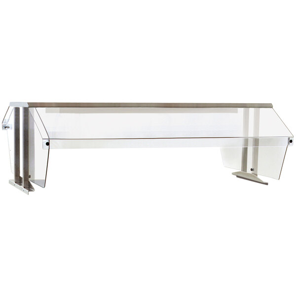 A stainless steel buffet shelf with clear glass sneeze guards.