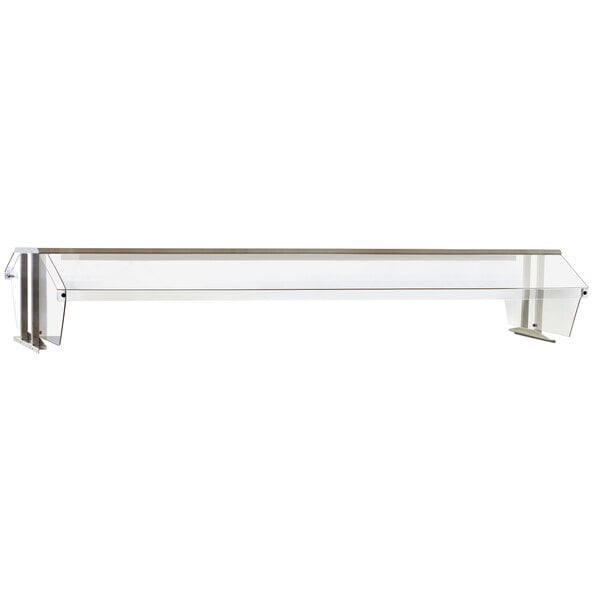 A stainless steel buffet shelf with 2 clear glass sneeze guards.