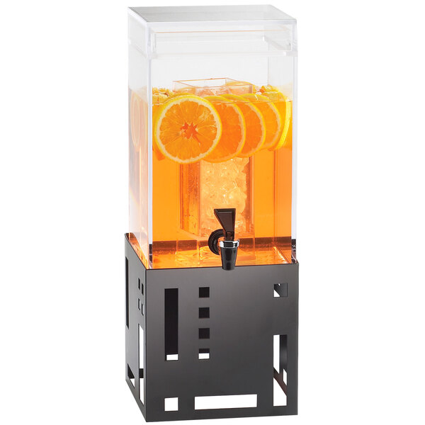 A Cal-Mil black plastic beverage dispenser with orange slices and ice.