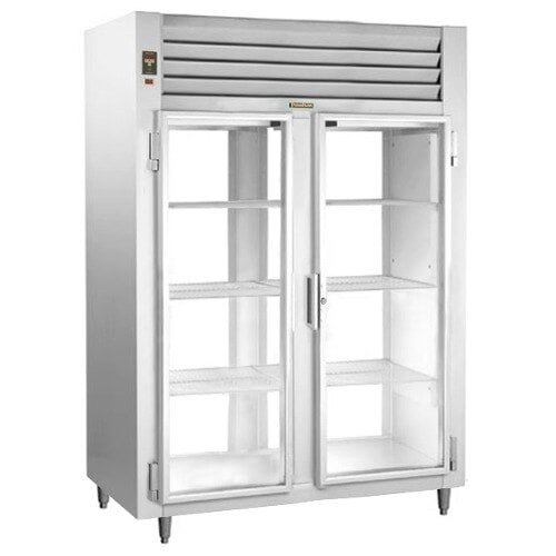 A Traulsen stainless steel reach-in refrigerator with dual glass doors.