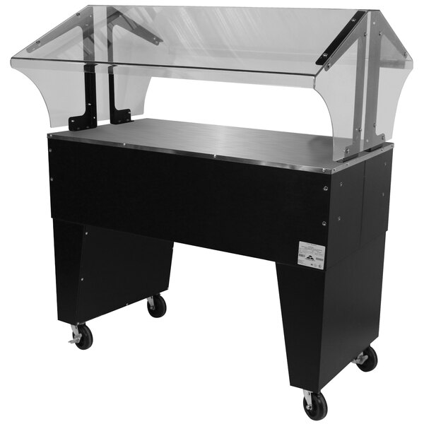 An Advance Tabco black and clear solid top buffet table on an open base.