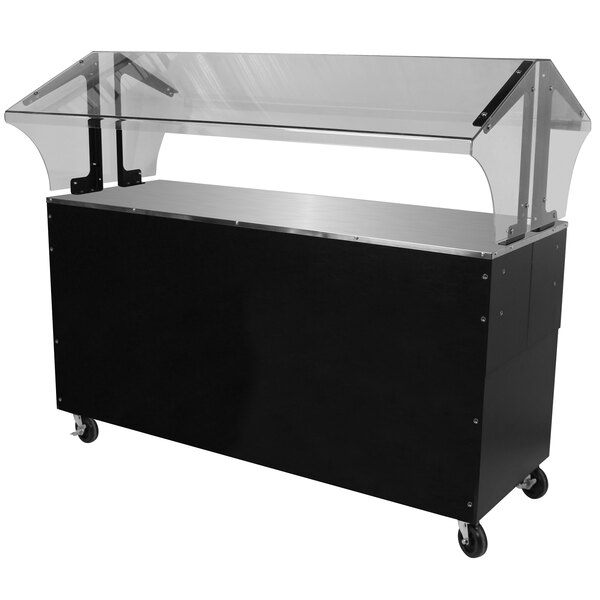 An Advance Tabco black and silver food cart with a solid top on a counter.