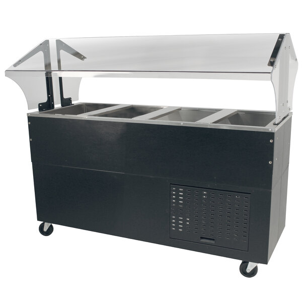 A black Advance Tabco buffet cold pan table with a clear cover over the wells.