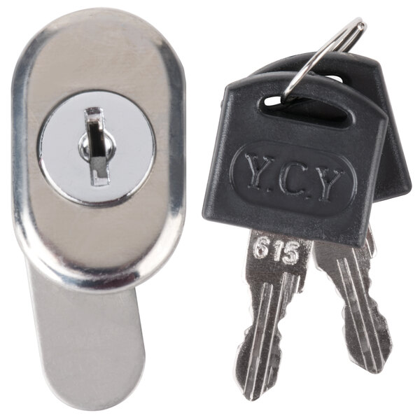 An Avantco door lock and key set with a close-up of a keyhole.