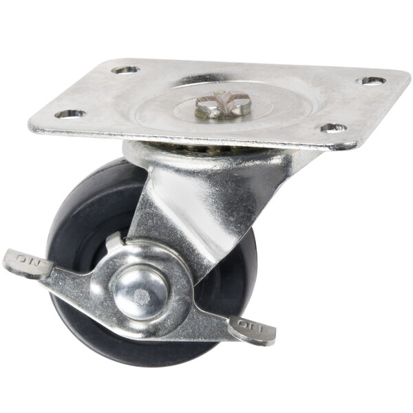 A black metal plate caster with a metal and black wheel.