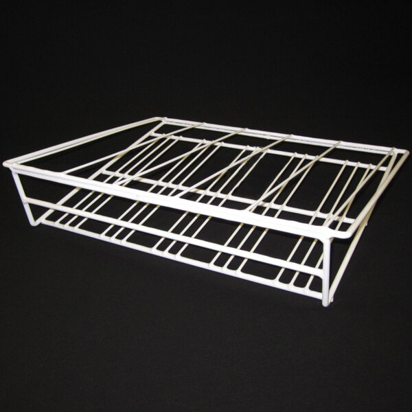A white coated wire rack with a handle.
