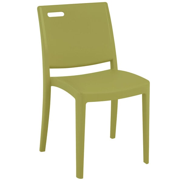 A pack of 4 green plastic Grosfillex Metro chairs.