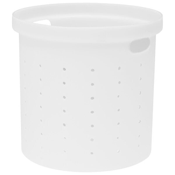 A white plastic basket with holes.