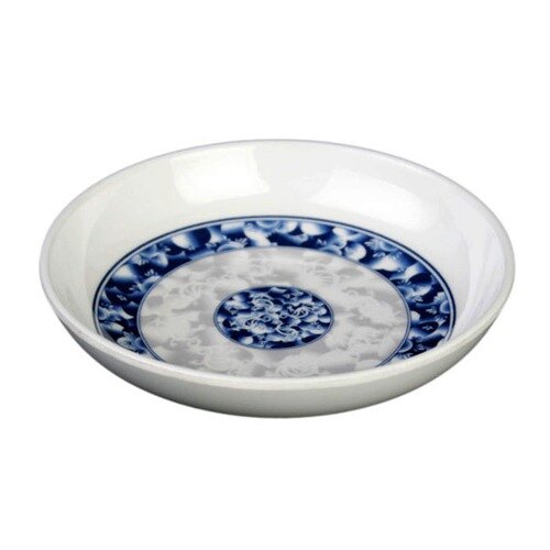 A white round Thunder Group sauce dish with a blue dragon design.