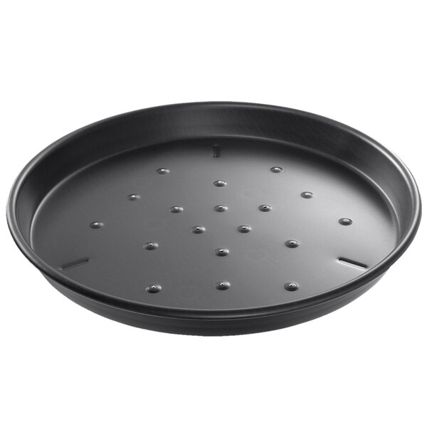 A black Chicago Metallic deep dish pizza pan with holes in it.