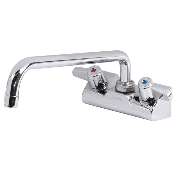 A chrome Equip by T&amp;S wall mount faucet with two handles and a hose.
