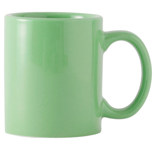 A Tuxton cilantro green coffee mug with a C-handle.