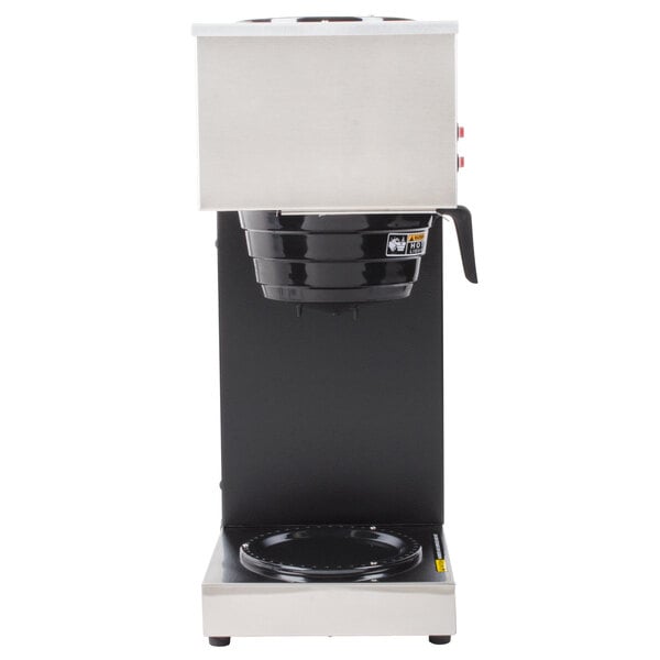 A black Bunn pourover coffee maker with a white stand.