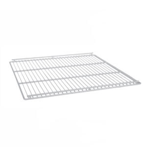 A white wire shelf with a metal grid on it.