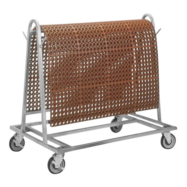 A metal rack on wheels with metal racks for brown floor mats.
