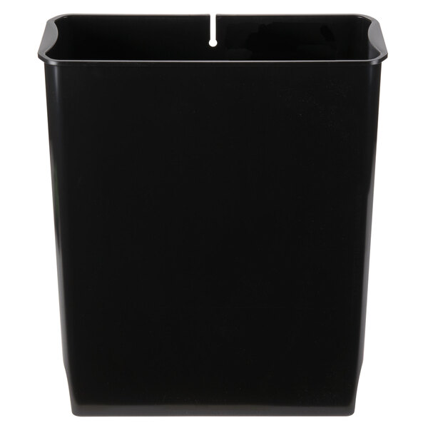 A black rectangular Rubbermaid plastic liner with a hole in it.
