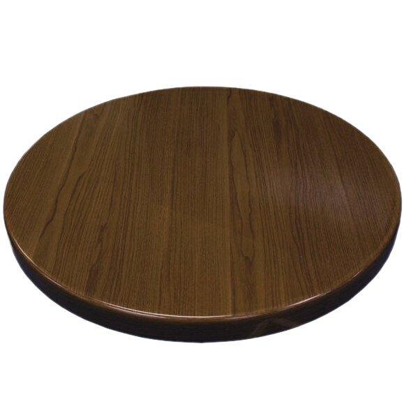 A brown American Tables & Seating round wooden table top with a wood grain.