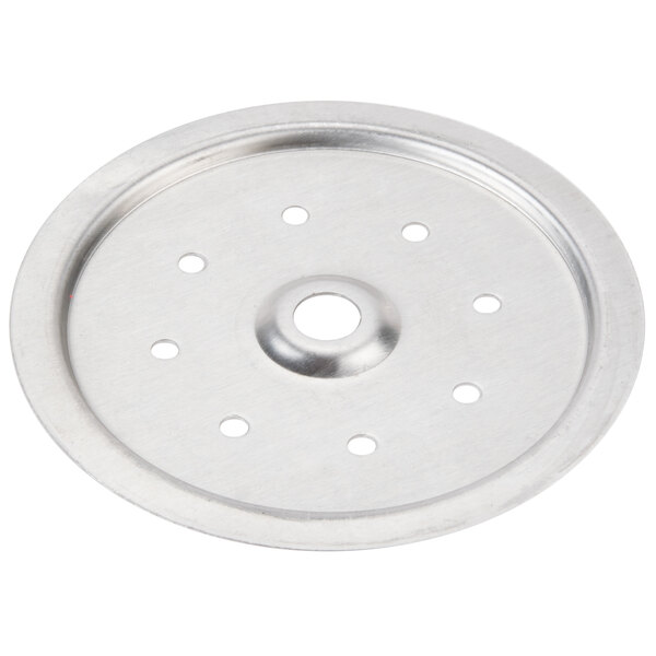 A close-up of a circular stainless steel Avantco sprayhead with 8 holes.