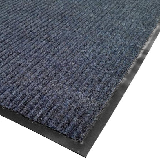 A blue rectangular carpet mat with a black border.