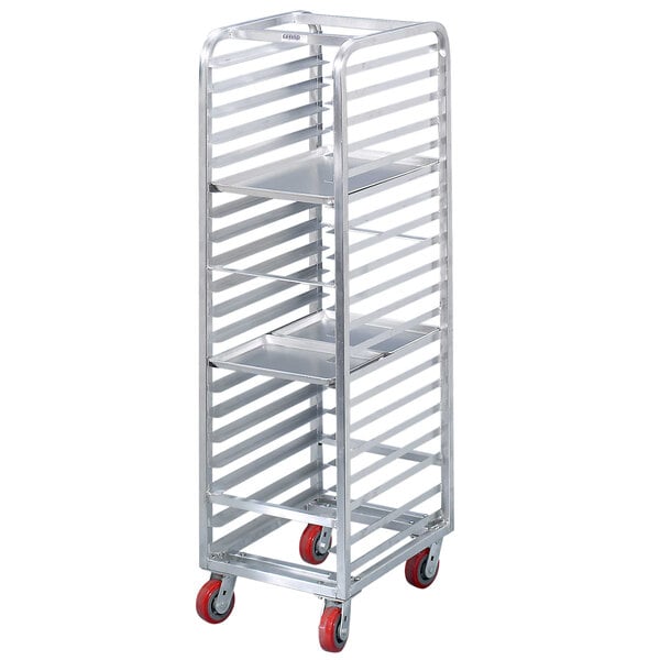 A Channel AXD1820 sheet pan rack with red wheels.