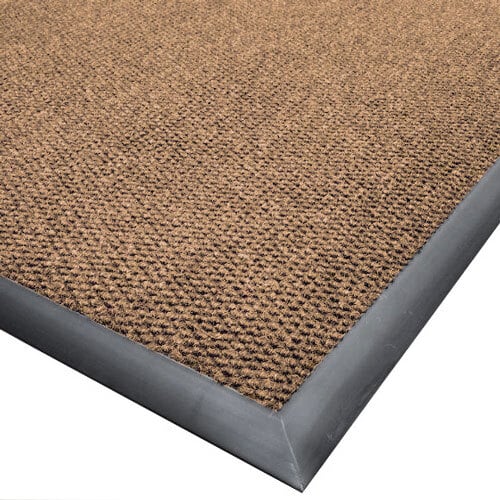 A brown carpet mat with a black border.