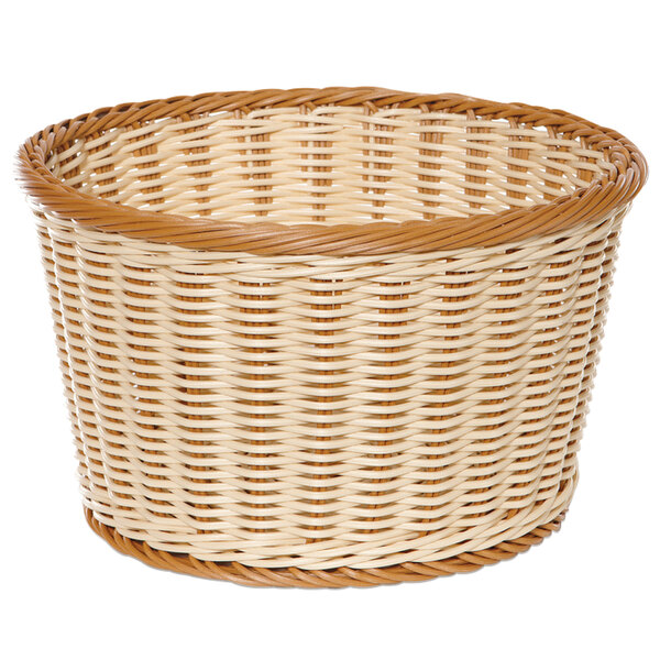 A white and brown woven plastic basket with brown handles.