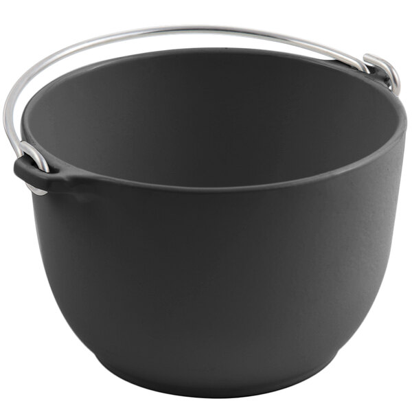 A black Bon Chef cast aluminum pot with a handle.