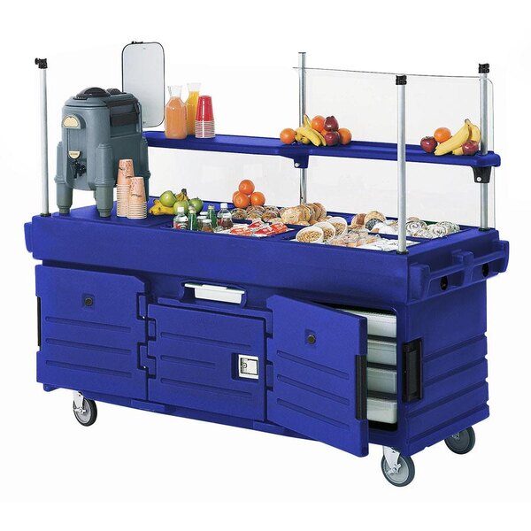 A navy blue Cambro CamKiosk vending cart with pan wells on a counter.