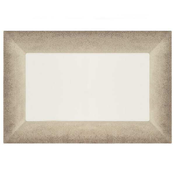 A rectangular white tray with a crackle-finished brown border.