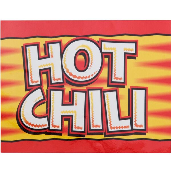 A white decal with black and orange text reading "Hot Dog Chili" and a yellow and orange letter h.