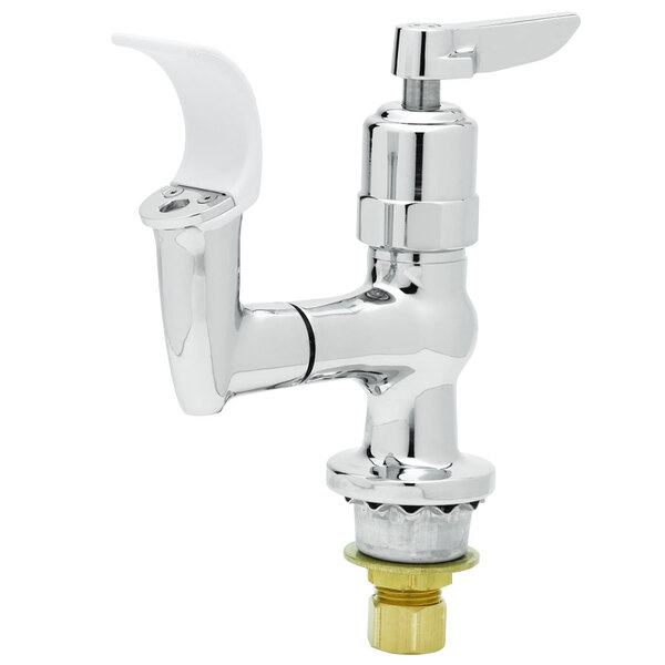 A silver T&S chrome bubbler faucet with a white lever handle.