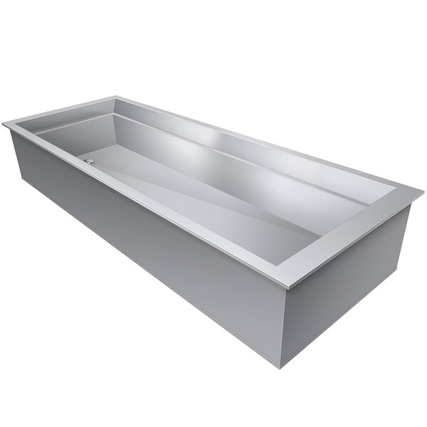 A rectangular stainless steel metal tub with a silver rim.