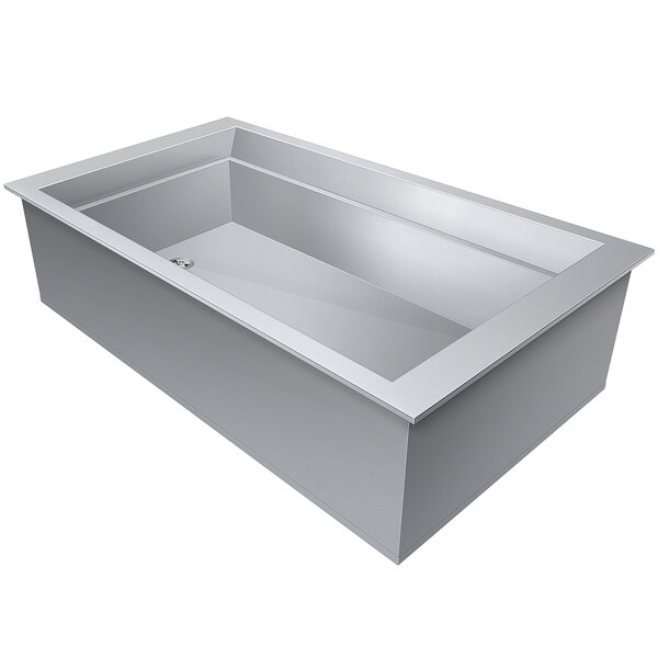 A silver rectangular Hatco drop-in ice-cooled food well with a drain.