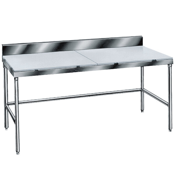 An Advance Tabco poly top work table with a white top and stainless steel base.