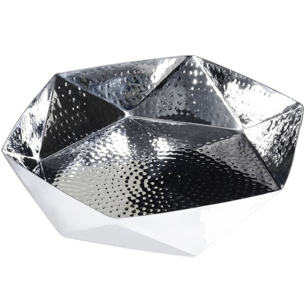 A silver Eastern Tabletop stainless steel bowl with a triangular geometric design.