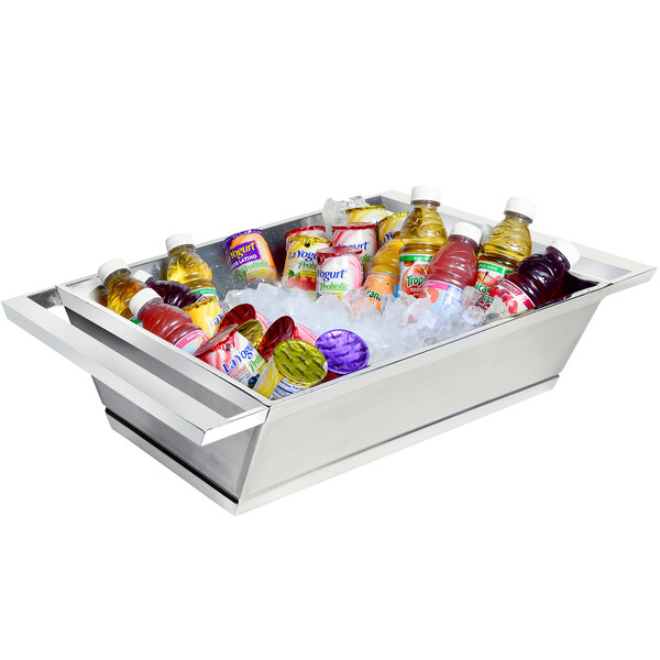 A stainless steel double wall ice housing container filled with beverages and ice on a counter.