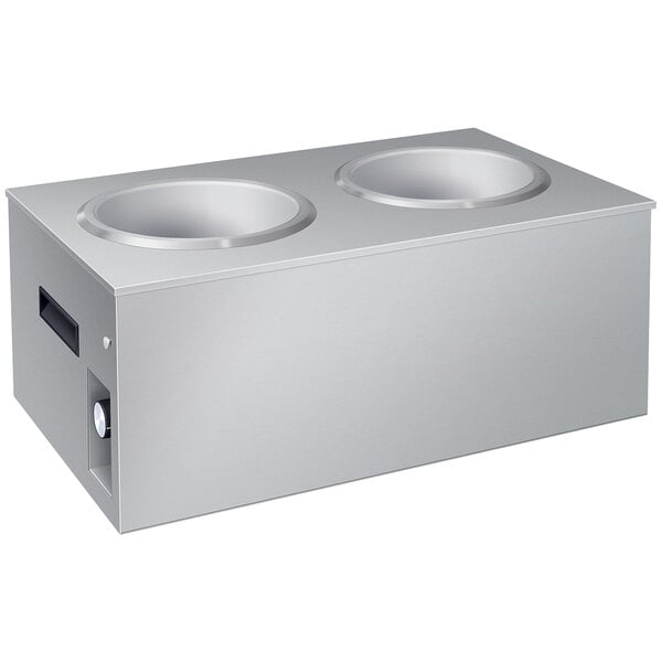 A silver rectangular Hatco soup warmer with two stainless steel bowls inside.