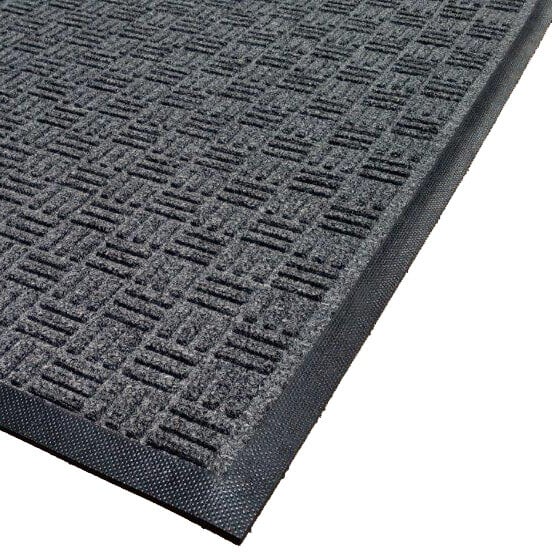 A black carpet mat with a grey border.