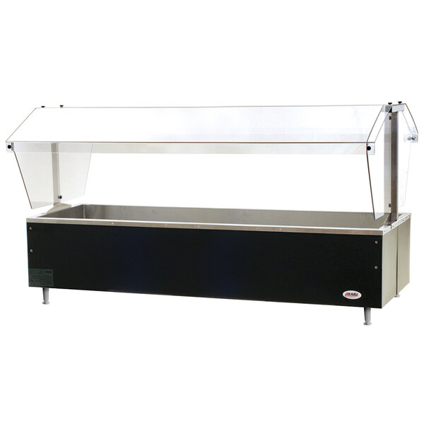 A black and silver rectangular Eagle Group tabletop ice-cooled buffet table with a clear cover.