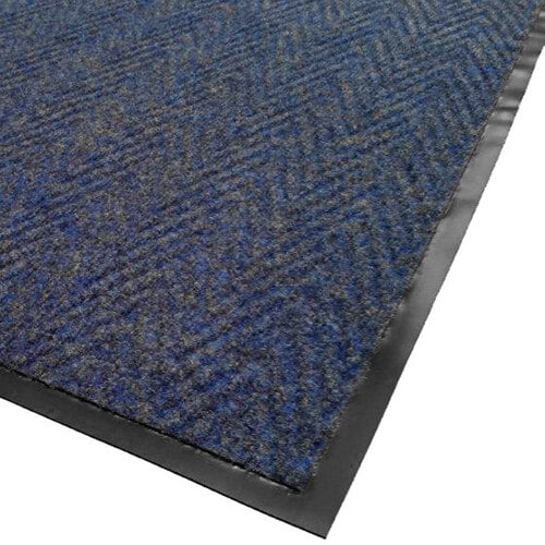 A blue Cactus Mat Chevron Rib Herringbone scraper mat with a black border.