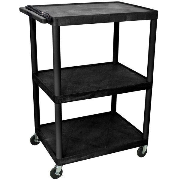 A black Luxor A/V cart with three shelves and wheels.