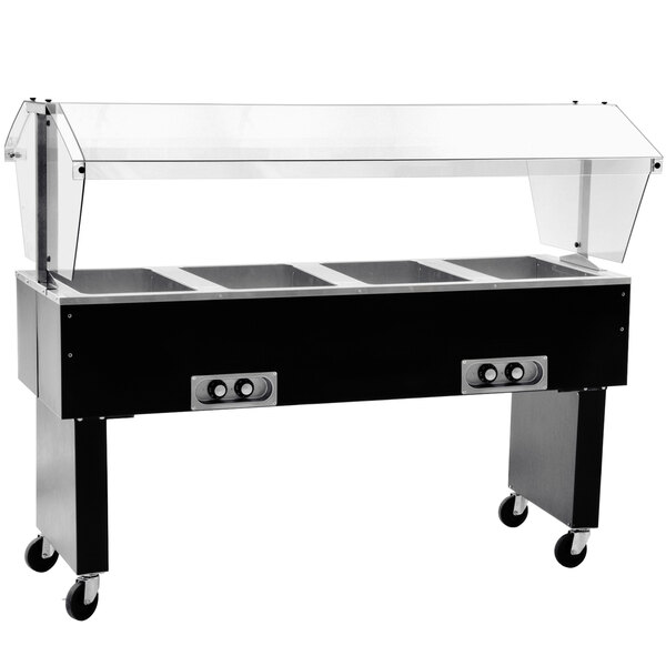 An Eagle Group Deluxe Service Mates hot food buffet table with open base and wheels for four pans of food.