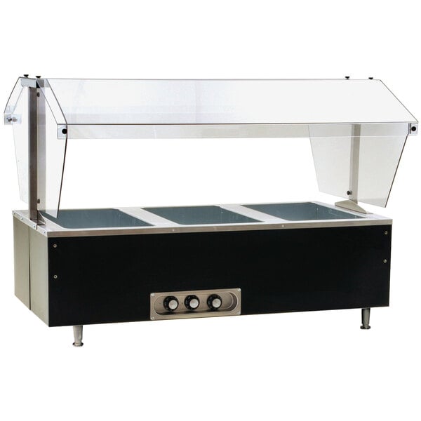 A stainless steel Eagle Group hot food buffet table with a glass top.