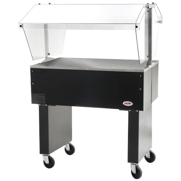 A black and silver Eagle Group buffet table with a solid top on a counter.