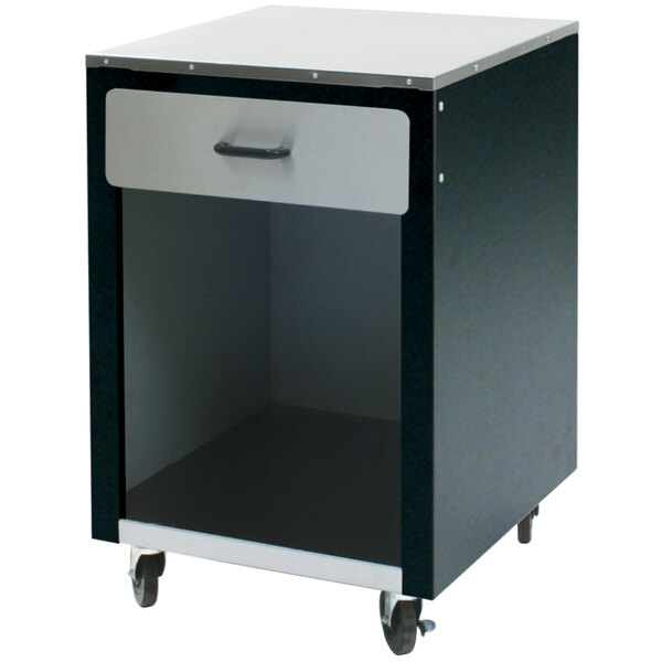 A black and silver Eagle Group CS-1 Deluxe Service Mates cash register stand cabinet with a drawer on wheels.
