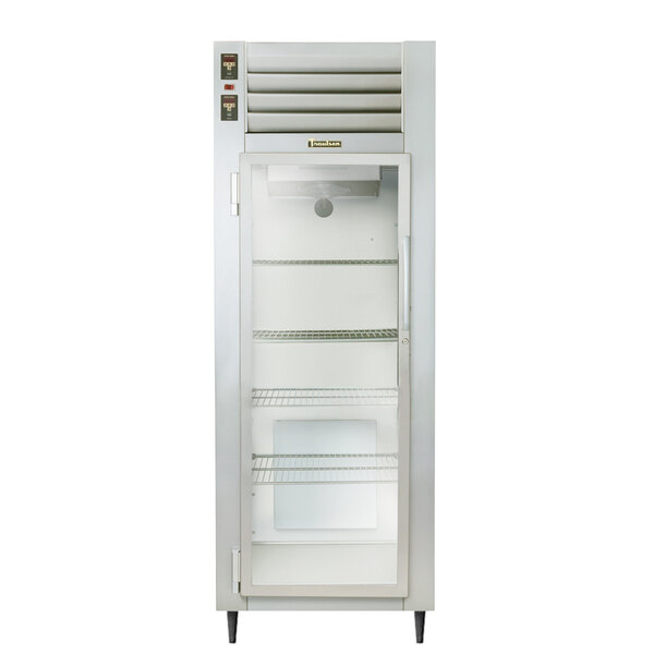 A Traulsen specification line stainless steel reach-in refrigerator with glass doors on a white background.