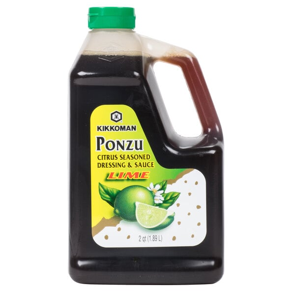 A .5 gallon jug of Kikkoman Lime Ponzu Citrus Seasoned Dressing and Sauce with a green label.