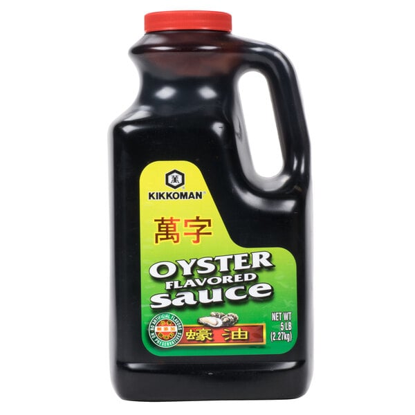 A black bottle of Kikkoman Preservative Free Oyster Flavored Sauce with a label.