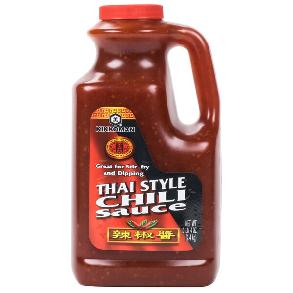 A plastic jug of Kikkoman Thai style chili sauce.